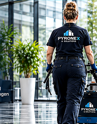 Reinigungskraft mit Reinigungsmaschine in einem modernen Gebäude