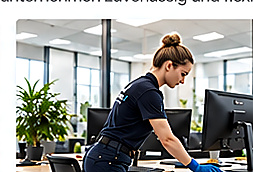 Reinigungskraft reinigt einen Arbeitsplatz im Büro